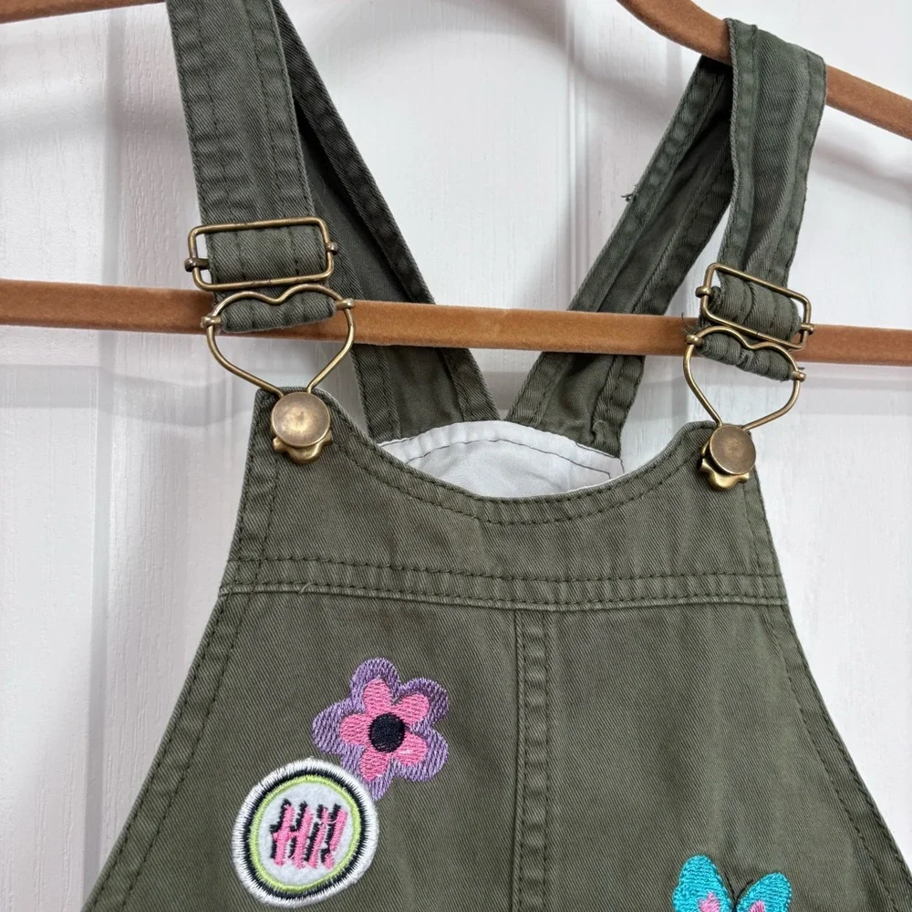 Embroidered Short Overalls | Girls 5 | Olive Green - Picture 3 of 7